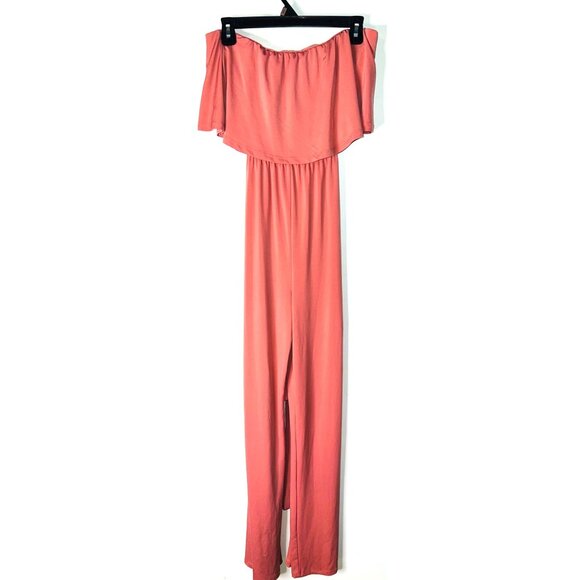 Charlotte Russe Coral Off-Shoulder Wide-Leg Jumpsuit With Tie Waist Medium - Picture 1 of 4